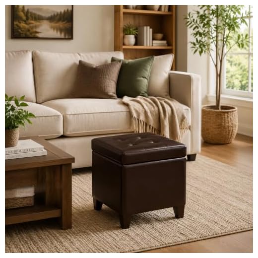 Decent Home Tufted Leather Square Storage Ottoman, Lift Top Cube Footstool with Hinged Lid Footrest with Wood Legs (Brown)