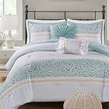 Madison Park Comforter Set, Seersucker Floral Queen Size Comforter Sets, Microfiber Comforters, All Season Lightweight Comforter, Throw Pillows, Caralie, Full/Queen Aqua 5 Piece