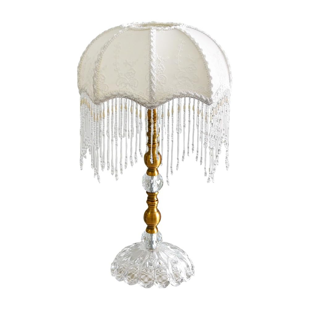 Affascinante Lampada da tavolo, lampada da comodino, lampada da lettura, camera da letto, soggiorno, paralume in pizzo vintage in vetro trasparente, stile rustico Arredamento per la casa(Bianco)