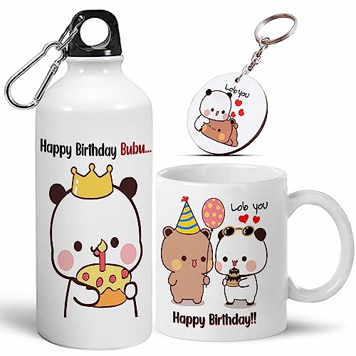 Image of Bubu Dudu Love Gift for Birthday /Anniversary Sipper Water Bottle Aluminium with Coffee Mug, Wooden Keychain Combo Pack MSK-4