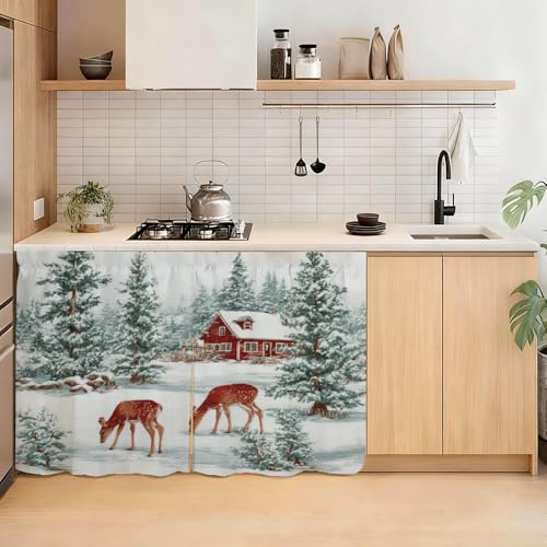Image of Self Adhesive Forest Deer & Red Cabin Cabinet Curtain for Mother's Day, 39x28 Inch Nature Scenery Under Sink Skirt No Drill, Spring Cleaning Kitchen Decor, Hook and Loop Laundry Valance