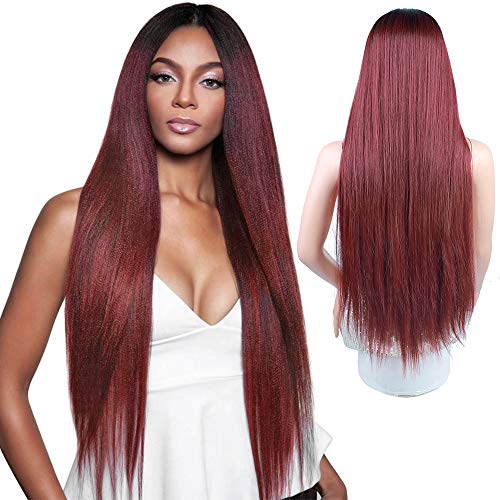 HMD Ombre Red Wigs for Women 30 Inches Long Straight Wigs Middle Part Wigs for Daily Cosplay Wear(Color: Ombre Red)