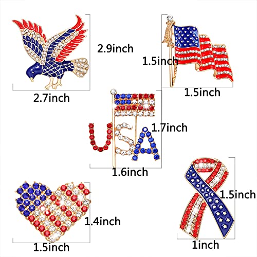 Image of American Flag Brooches 4 th of July Patriotic Red White Blue Rhinestone USA Letter Cross Eagle Map Heart Ribbon Brooch Pin Bulk Vintage Fourth of July Celebrate Independence Day Lapel Pins for Women Men