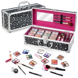 Makeup Set For Teens With Train Case Makeup Gift Set Beginners Full Starter Cosmetics Kit Included 32 Colors Eyeshadow, Glitter Cream, Blush, Highlighter, Lip Gloss and Brush (Black)