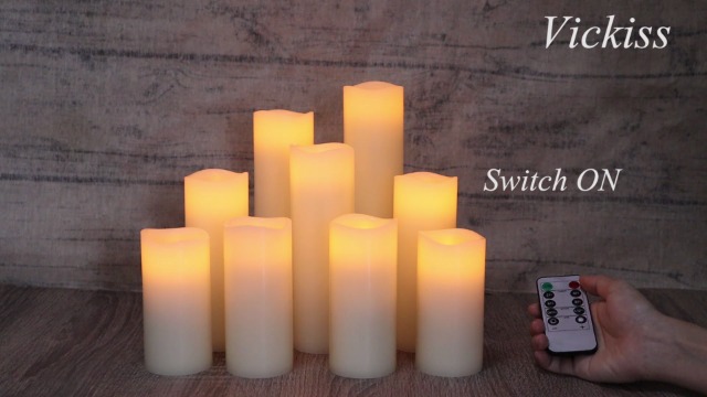 Image of Vickiss Flameless Candles Battery Operated Candles 4 inch 5 inch 6 inch 7 inch 8 inch 9 inch Set of 9 Ivory Real Wax Pillar LED Candles with 10-Key Remote and Cycling 24 Hours Timer