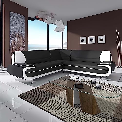 Mobilier-Deco MUZA - Canapé d'angle Design en Simili Cuir Noir et Blanc