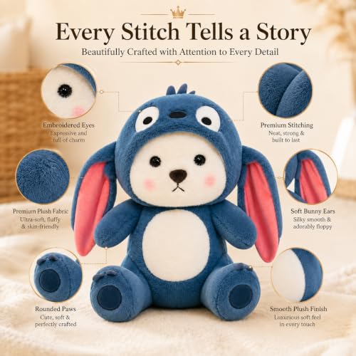 Image of Soft Stuffed Animal,Hoodie Bear Teddy Plush Toy Removable Cap with Long Ears for Birthdays Special Occasions Boys, Girls, & Kids Navy Blue, 28 cm