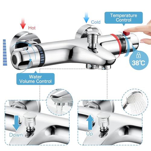 ROWINNAO Bath Tap with Thermostat, Surface-Mounted Bath Tap with Thermostat, Chrome Mixer Tap, Shower Thermostat - Image 3