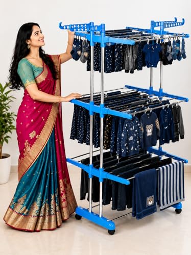 Image of SUNDRY Heavy Duty Rust-Free Stainless Steel 3-Tier Jumbo Cloth Drying Stand | Clothes Dryer Stands | Laundry Racks with Wheels for Indoor | Outdoor | Balcony(Blue)