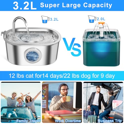 AQXONG Trinkbrunnen für Haustiere aus Edelstahl, 3.2L Trinkbrunnen für Katzen und Hunde mit Vierfach-Filtrationssystem, LED-Licht und Ultra-leiser Wasserpumpe
