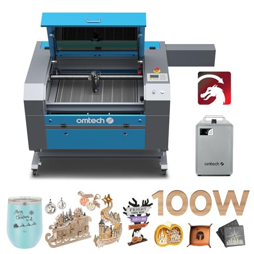 OMTech 100W CO2 Laser Engraver with LightBurn & Water Chiller, 20"x28" Laser Engraving Cutting Machine with 4 Way Pass Through Air Assist Wheels, Industrial Laser Cutter
