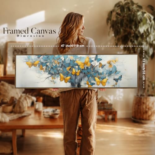 Image of Large Canvas Painting Panel Framed Wall Painting Abstract Tree with Yellow Butterfly Framed Luxury Paintings for Home Decoration, Living room, Bedroom and Office Decor (Sku Blue, 13x47 Inch)