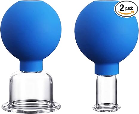 2 Pieces Glass Facial Cupping Set, Silicone Cupping Cups Vacuum Suction Cupping Cups for Face Skin Back Shoulder Muscle (Blue)