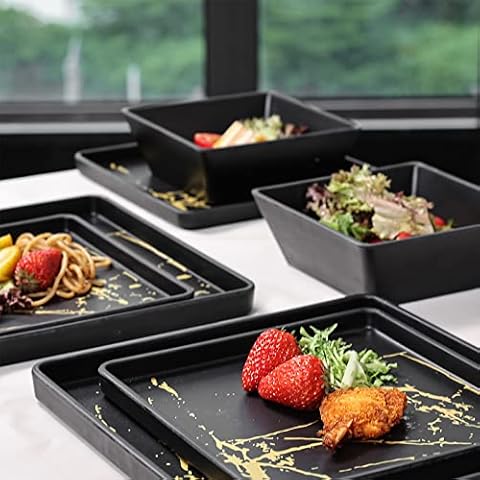 Melamine Dinnerware Sets - 12pcs Square Dinnerware Set for Indoor/Outdoor Use, Black Dishes Set, Dishwasher Safe … Cover