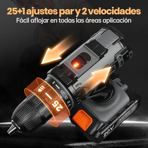 Taladro Atornillador BaterÃa 20V, FAHEFANA Taladro Inalámbrico, 2 BaterÃas 2.0Ah y Accesorios 89 Piezas, 42Nm Máx, 25+1 Ajuste de Par, 2 Velocidad, Portabrocas de 10mm, LED Luz - Imagen 5