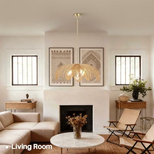Image of 25 inch Large Rattan Boho Chandelier, 4-Light Hand-Woven Wicker Pendant Light, Farmhouse Coastal Hanging Lighting Fixture for Dining Room, Kitchen Island, Living Room, Bedroom & Foyer