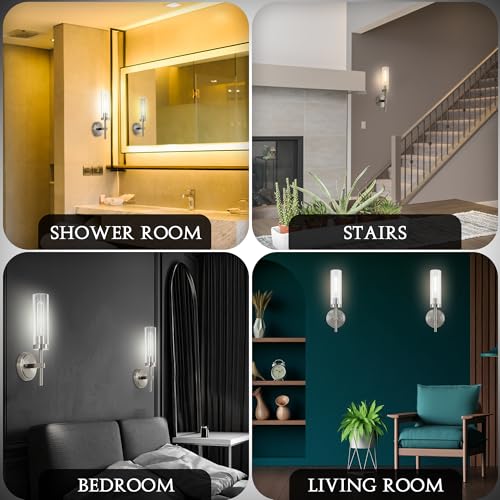 Image of Q&U Brushed Nickel Hardwired Wall Sconces Set of 2 - Modern Bathroom Vanity Light Fixtures, Farmhouse Wall Mount Lamps for Mirror, Living Room, Bedroom, and Hallway