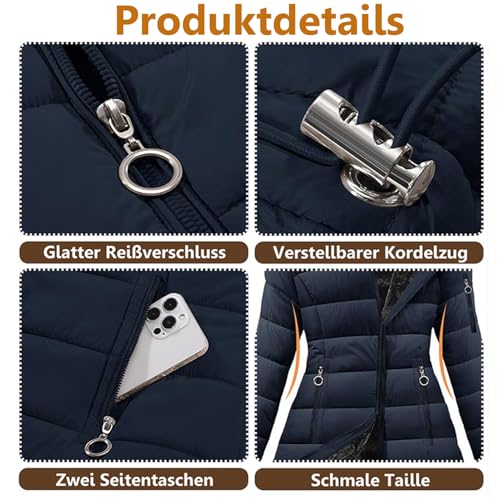 Wintermantel Damen Lang Warm Gefüttert Fleecejacke Winterjacke Elegant Steppmantel Jacke Herbst Winter Mantel Steppjacke Kapuzenjacke Fleece Parka Casual Winterparka Mäntel Daunenjacke Daunenmantel