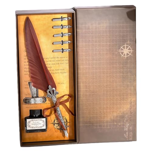 YCHUCH Pluma estilográfica retro con tintero recargable y puntas de 5 tamaños, juego de regalo antiguo para principiantes, escritura a mano, plumas de cobre con tintas