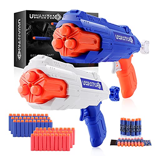 UWANTME Blaster Toy Gun 2 Pack with 60 Pack Refill Soft Foam Bullets Darts and Wrist Band for Nerf Party Supplies, Great Gifts for Boys and Girls