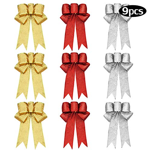 Bimkole 9 Pieces 9 Inch Glitter Christmas Bows Christmas Wreath Bow Christmas Tree Ornaments for Christmas Party Decoration 3 Colors?Golden Silver Red?