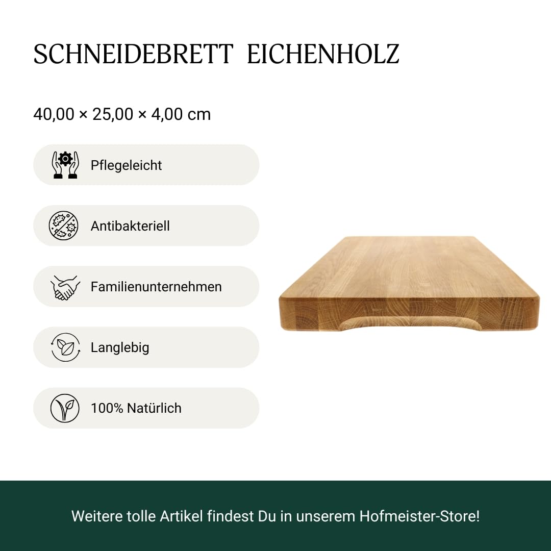 HOFMEISTER® Schneidebrett Eiche massiv, 40 x 25 x 4 cm – lamellierter Hackblock, klingenschonend und standfest – jedes Brett ein Unikat, Handarbeit (1 Stück)