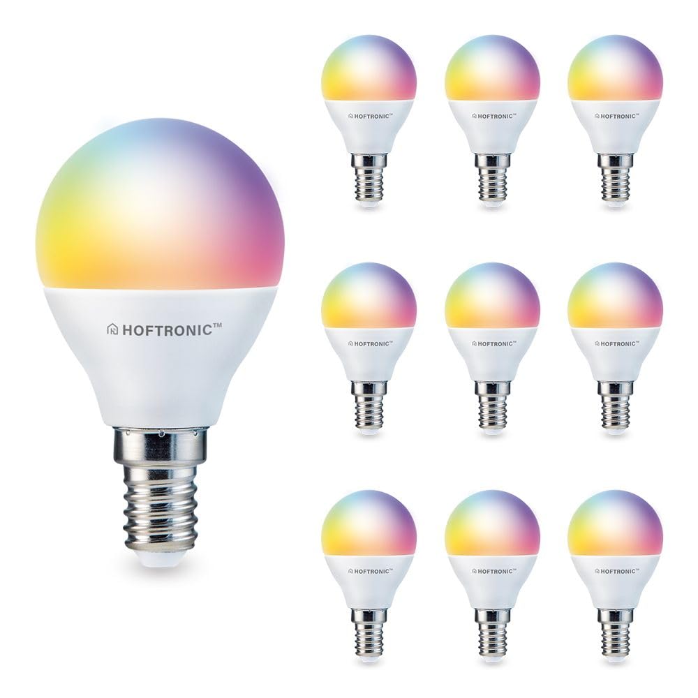 HOFTRONIC - Vorteilspackung 10er Smart Home E14 LED Lampe P45 - Farbig RGBWW - 5,5 Watt 470 Lumen - WiFi + Bluetooth - Steuerbar via Handy und Sprache (Google Home, Alexa und Siri)