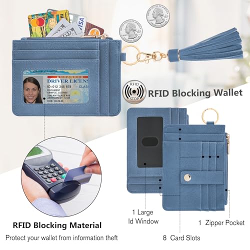 Image of KNGITRYI Wristlet Wallet for Women,RFID Keychain Wallet with Beaded Strap | 8 Card Slots,ID Window,Zipper Pocket,Leather Tassel,Compact Design