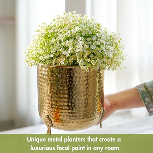 Image of BEHOMA Hammered Gold Metal Planter 7 inch Tabletop Plant Pot | Pot for Indoor Outdoor Balcony Living Room | Table Plant Pot with Leaf Leg for Gifting