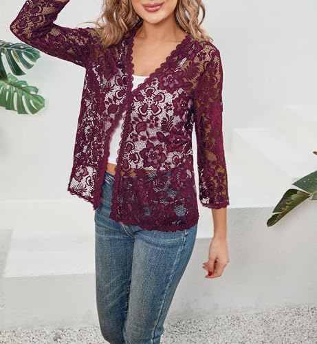 Image of Bolero Shrugs for Women Dresses Black White Lace Summer Beach Lightweight Sheer Long Sleeve Wedding Cardigan Dressy