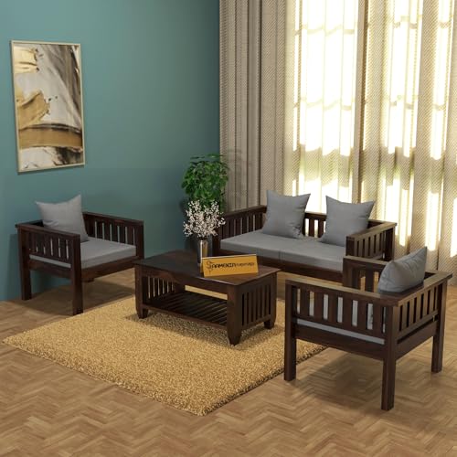 Image of Sheesham Wood 5 Seater Low Height Sofa Set with Coffee Table for Living Room | 5 Seater Sofa Set | Wooden Sofa Set | Grey Cushion (3+1+1, Walnut Finish)
