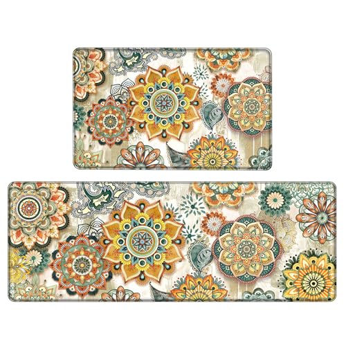 tubeamin Boho Yellow Floral Kitchen Rugs Mats for Floor 2 Piece Memory Foam Padded Kitchen Mats Anti Fatigue Non Slip Cushioned Comfort Standing Mat, 17.3x28+17.3x47 Inch