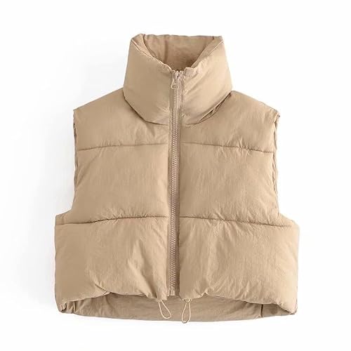 SeeLuNa - SeeLuNa Women's Cropped Puffer Vest Zip Up Lightweight Padded Gilet Stand Collar Sleeveless Jacket, Khaki, Small