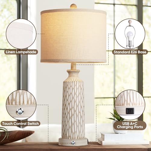 Qimh STR-DL-0028 Table Lamp For Living Room With Usb A+C Ports, Farmhouse Bedside Lamps For Bedroom Set Of 2, Touch Control 3-Way Dimmable, 26 Inch Modern Off-White Resin Nightstand Lamp thumb #5