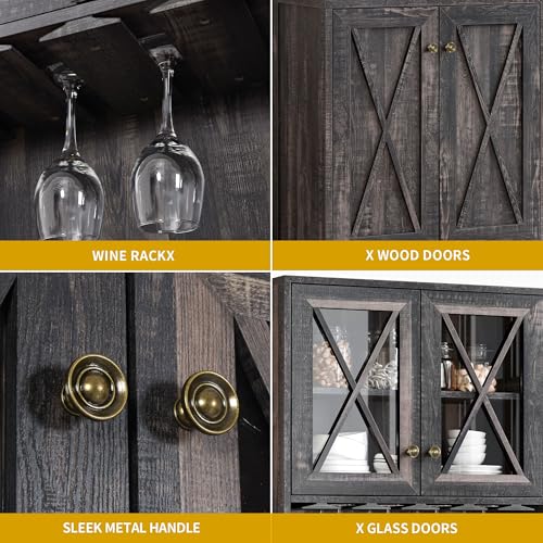 DWVO 67" Wine Bar Cabinet with Glass Doors & Wine Rack, Farmhouse Coffee Bar Cabinets with Open Shelves, Freestanding Storage for Living & Dining Room, Dark Rustic Oak