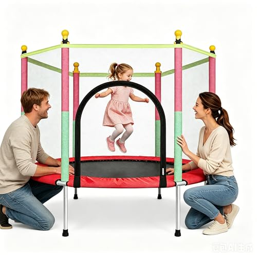 Blendra Toddler Trampoline 140cm 4.6FT Indoor/Outdoor Mini Kids Trampoline with Safety Enclosure Net for Backyard Garden Fun for 3-8 Years Old Boys & Girls Red Round