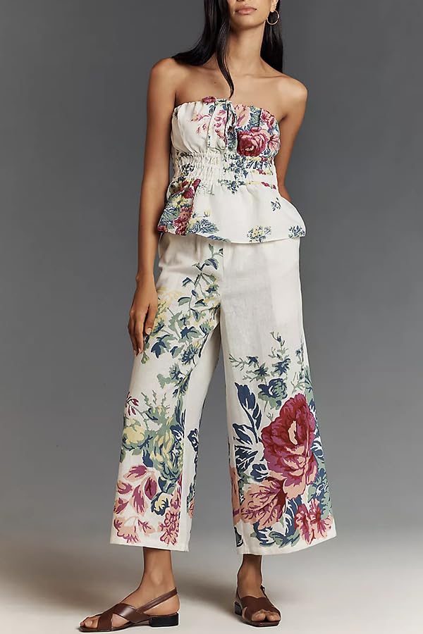 2 Piece Outfits for Women Flower Print Strapless Ruffle Hem Top and High Waist Wide Leg Long Pants Vacation2