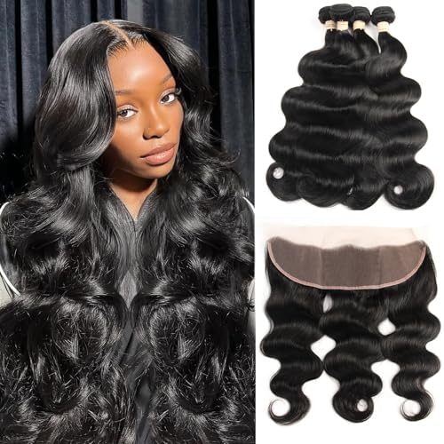 12A Body Wave 4 Bundles Human Hair with 13x4 HD Lace Frontal Closure 100% Unprocessed Brazilian Virgin Hair 370g Natural Black Can Be Sew in/Quick Weave (18 20 22 24 & 16 Frontal)