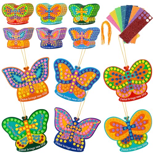 Karenhi 24 Packs Religious Easter Craft Christian Easter Church Activities Crafts Jesus Brings New Life Make Your Own Glitter Jesus Foam DIY Butterfly Ornaments Gifts Sunday School for Party Supplies