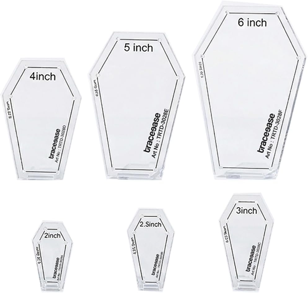 Traceease 6 Pcs Coffin Acrylic Quilting Templates, Clear Patchwork Cutting Stencil in 6 Sizes, 4 MM Thick with 0.25 Inch Seam Allowance for Perfect Patchwork, Quilt Blocks, Decoration Scrapbooking