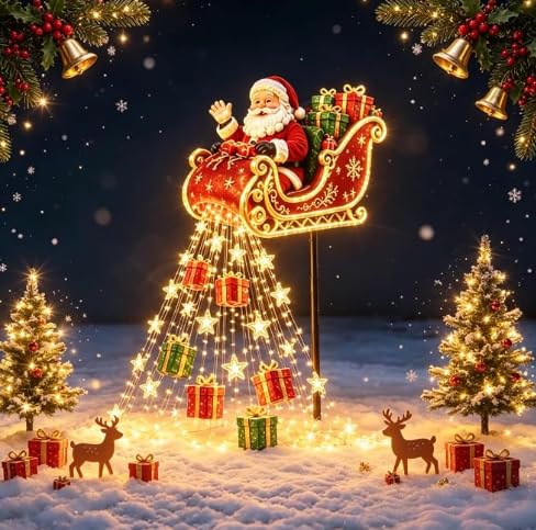 Christmas Decorations, Snowman Magic Fountain Flowing Snowflake Outdoor Christmas Lights with Cascading Stars Light for Garden Porch