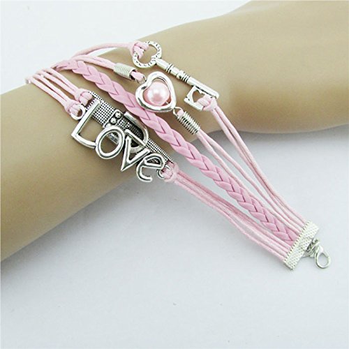 Women Charm Cuff Bangle Bracelet Pink Heart Bracelet Love Leather Fashion Charm Key Pearl Alloy Bracelets Link Beads Armband (As Shown, One Size) #TOP4