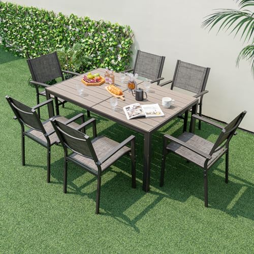 Tangkula 7 Piece Outdoor Dining Set, Patio Furniture Set w/ 6 Stackable Chairs & Large Rectangle Table, Dining Table Set for 6, Backyard, Porch, Garden, Poolside - Image 3