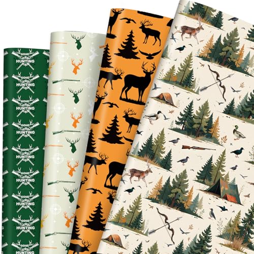 Pineraap 12 Sheets Hunting Wrapping Paper Camo Deer Wrapping Paper Deer & Hunter Print Gift Wrap Gone Hunting Gift Packing Supplies for Camo Birthday Party Crafts Decorations (2028)