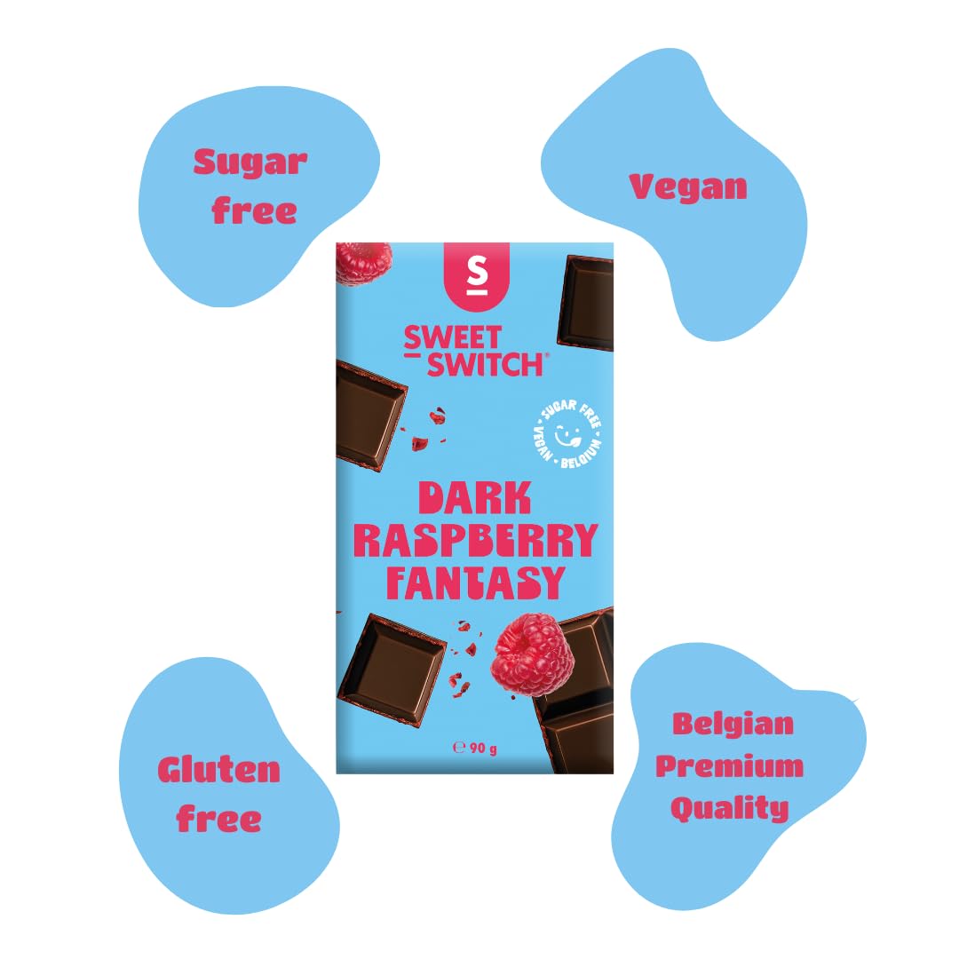 SWEET-SWITCH® - 12 x 100 g - Chocolat Belge Noir - Framboise - Sans Sucre - Sans Gluten - Vegan - KETO
