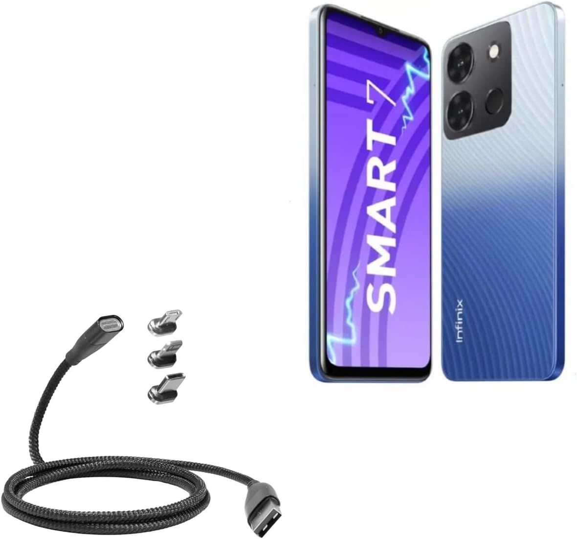 BoxWave Cable Compatible with Infinix Smart 7 (India) - MagnetoSnap PD AllCharge Cable (100W), Magnet Charging Braided USB Type-C Micro - Jet Black