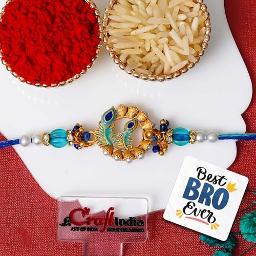 Image of eCraftIndia Peacock Feather Pearl Beads Designer Rakhi for Brother with Gift Combo Set | Raksha Bandhan Rakhi for Bhai Bhaiya Kids Boy | Best Bro Ever Fridge Magnet | Roli Chawal Pack
