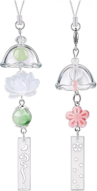 2Pcs Cute Phone Charms Aesthetic Keychain Cherry Blossoms Lotus Flower Windchimes Pendant Keychains Phone Keychain Charm Bag Charms for Handbags Resin Bead Cellphone Charm Strap Home Decorations