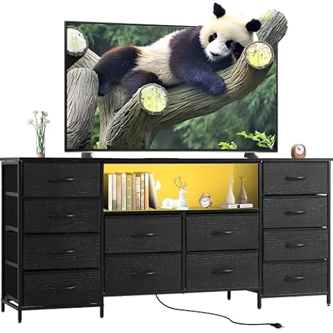 MAGIC UNION 12 Drawers TV Stand Dresser for 60/65/70 inch TV, 63" W Long Fabric Dresser with LED Lights & Power Outlets, Entertainment Center and Industrial TV Console Table for Bedroom (Black) Cover