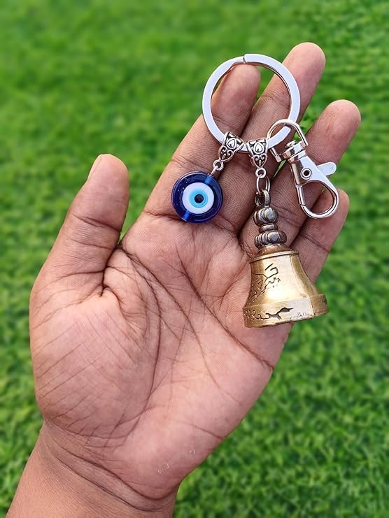 Image of Tibetan Guardian Bell Keychain with Evil Eye - Lucky Protection Charm for Bike, Car & Keys | Metal Biker Bell Keyring | Rider Gift Motorcycle Accessories